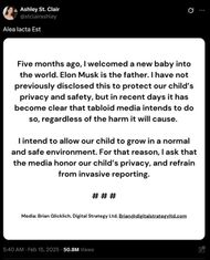 Ashley St. Clair's announcement of the birth of her and Elon Musk's son. (Image via X/@stclairashley)